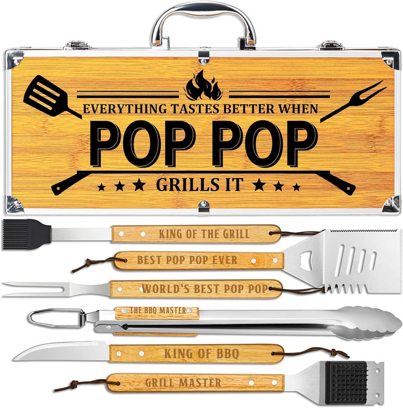 LEWARAN Poppop Gifts from Grandkids, Pop Pop Christmas Grilling Gift Heavy Duty Wooden BBQ Grilling Accessories Kit, Thick Stainless Steel Grill Utensils with Non-Slip Handle Tools in Portable Bag - Image 1